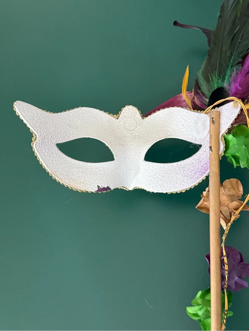 Venetian Side Feather Masquerade Mask with Stick - Gold Green Purple